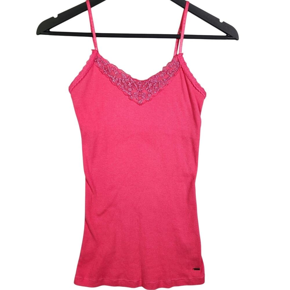 Aeropostale‎ Y2K Lace Trim Ribbed V Tank Top Pink Built In Bra S Preppy Layering